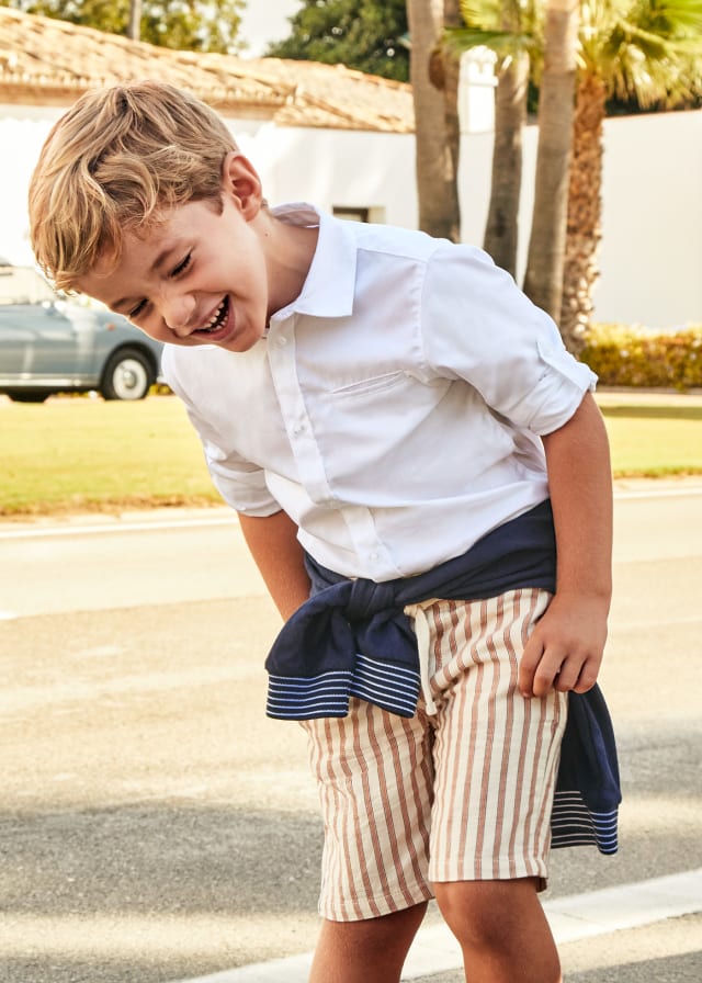 140 Mayoral Mini Boys Collared Dress Shirt, Roll Up Sleeves, White