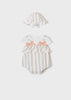 Adjustable Striped Taupe and White Sunhat, Striped Onesie Romper, Orange 3D Bows, Snap Button Fastening Front