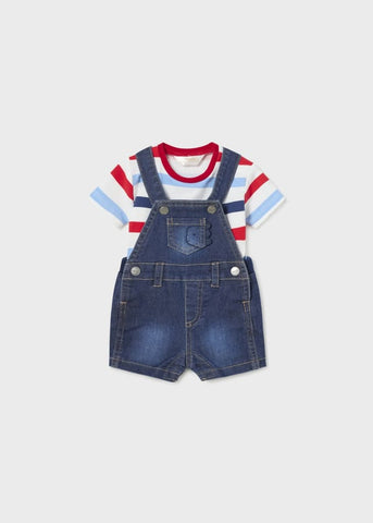 1628 Dino Pocket Short Overall & TShirt Set, Denim/Stripe Red/Blue