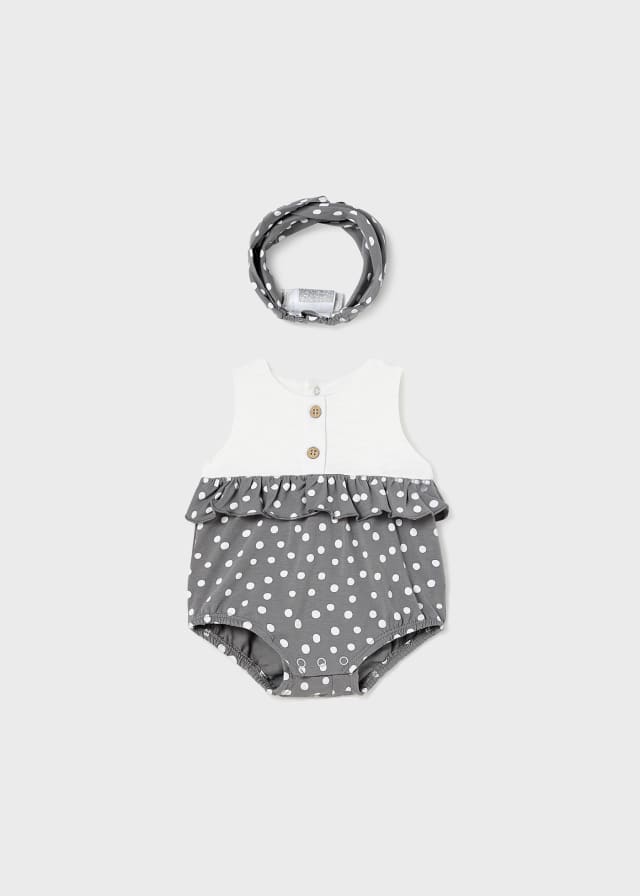 1691 Mayoral Girls Ruffled Sleeveless Romper & Headband Set, Grey/White Polka Dot