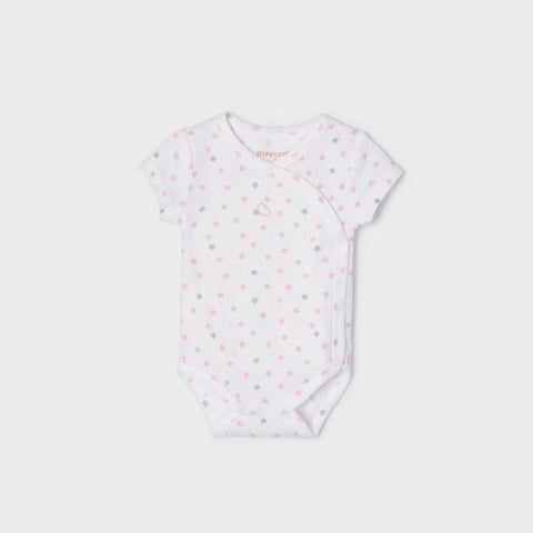 1707 Mayoral Girls Onepiece snap Bodysuit, Eco-Friendly, Pink/Grey Stars