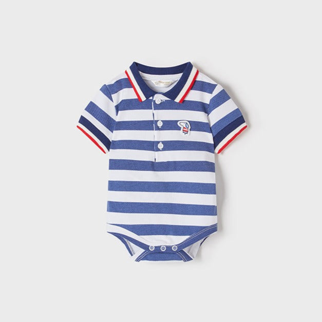 Mayoral Boys Blue Striped Polo Snapsuit, Short Sleeved, Blue, Front Central Buttons 