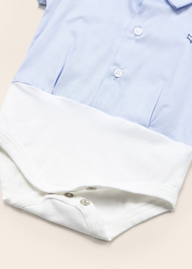 1765 S/S Collared Dress Shirt Bodysuit Lt Blue Chambray button details