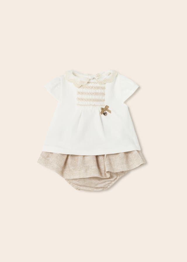 1829 Mayoral Smocked Vingtage Lace & Ruffled Bloomer Set, Linen 2PC Set