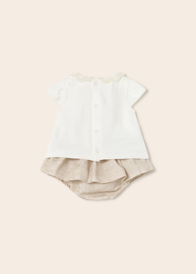 1829 Mayoral Smocked Vingtage Lace & Ruffled Bloomer Set, Linen 2PC Set