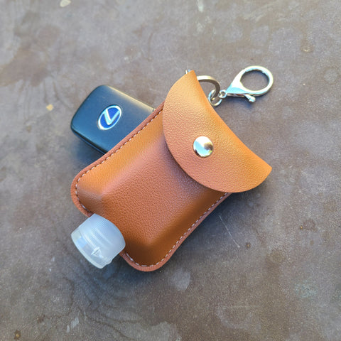 Leatherette Hand Sanitizer Clip & Keychain, Rounded Brown