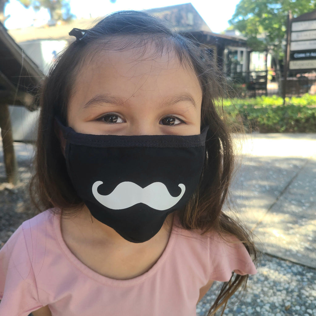 kids size face mask, black with mustache print, washable, unisex gender neutral face covering