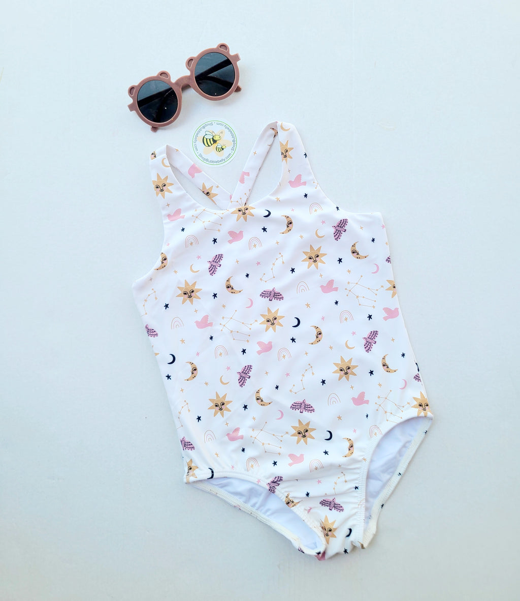 Bird & Bean Onepiece Criss Cross Swimsuit, Sun/Moon/Stars