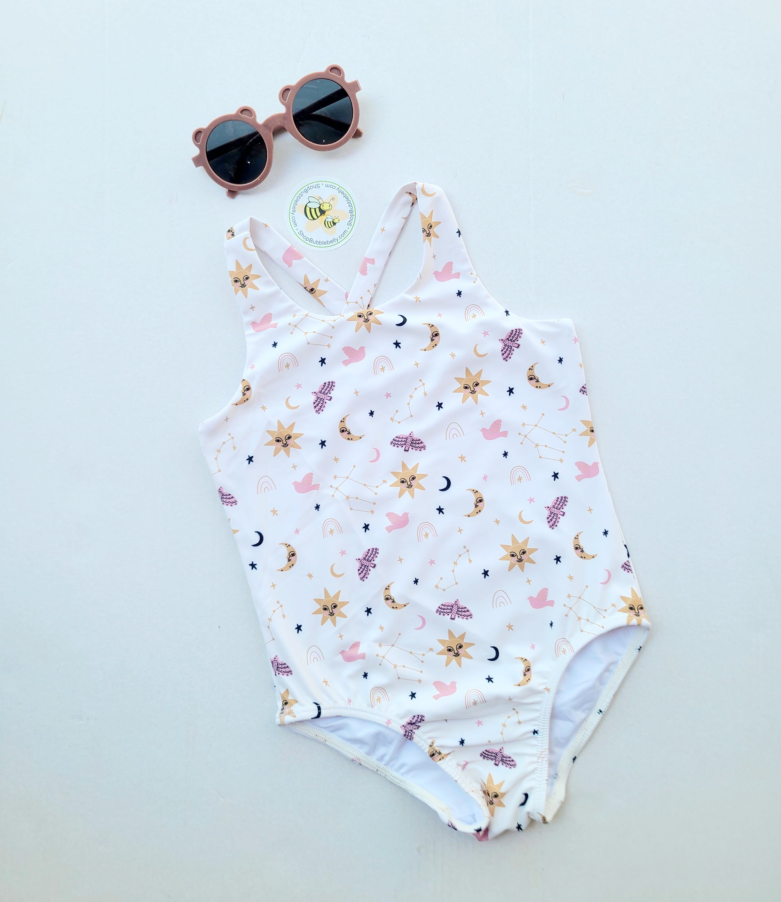 Bird & Bean Onepiece Criss Cross Swimsuit, Sun/Moon/Stars