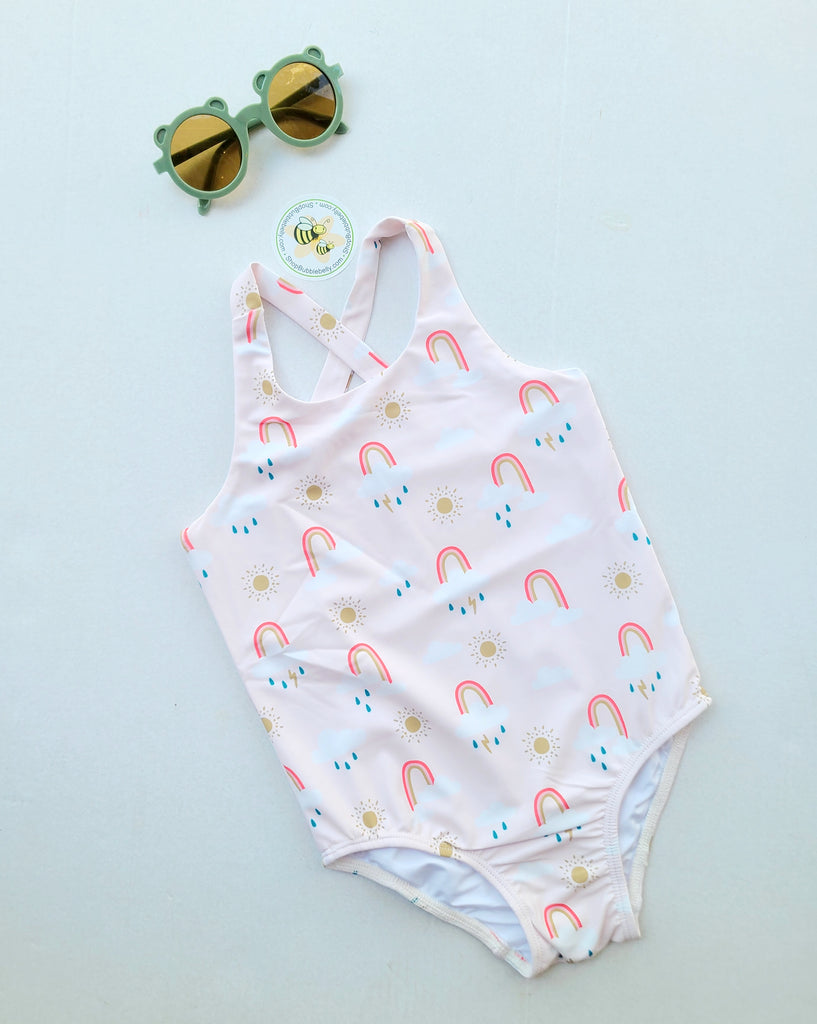 Bird & Bean Onepiece Criss Cross Swimsuit, Electric Rainbow