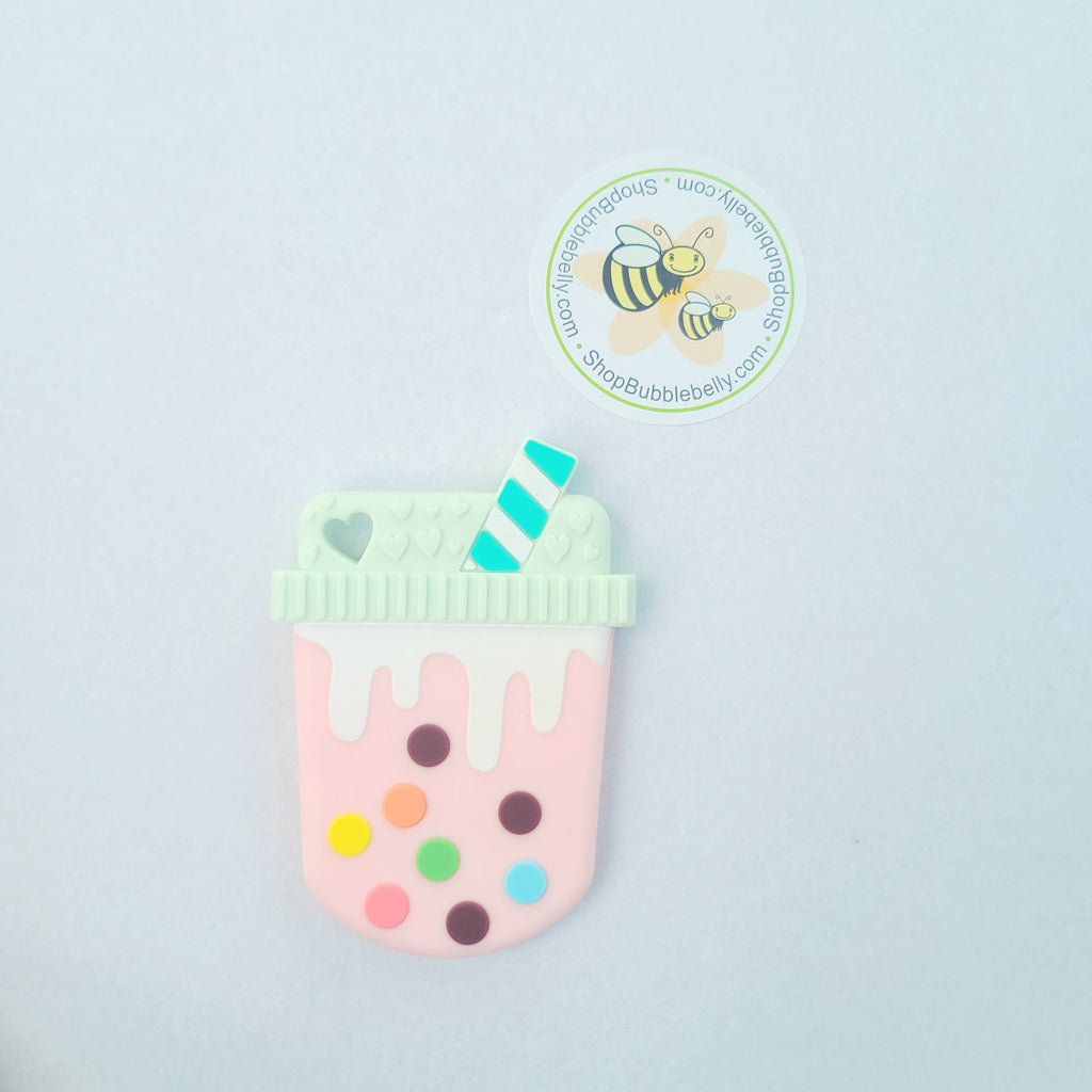 Boba milk tea, strawberry pink silicone teething toy 