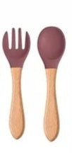 Silicone fox baby feeding set, maroon, spoon and fork