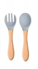 Silicone fox baby feeding set, grey, spoon and fork