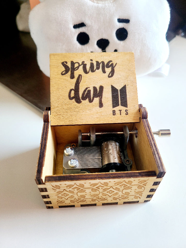BTS Spring Day hand crank music box. Wooden vintage design.