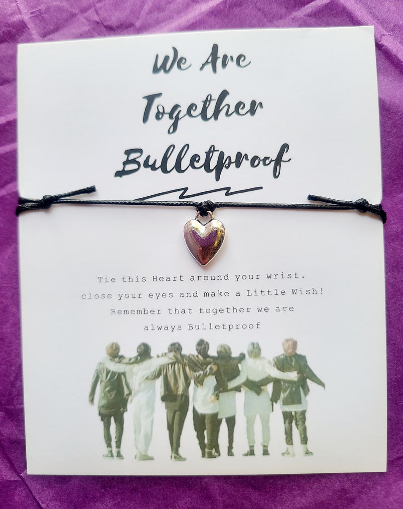 Handmade Silver Heart & Leatherette Bracelet, BTSxARMY Bulletproof