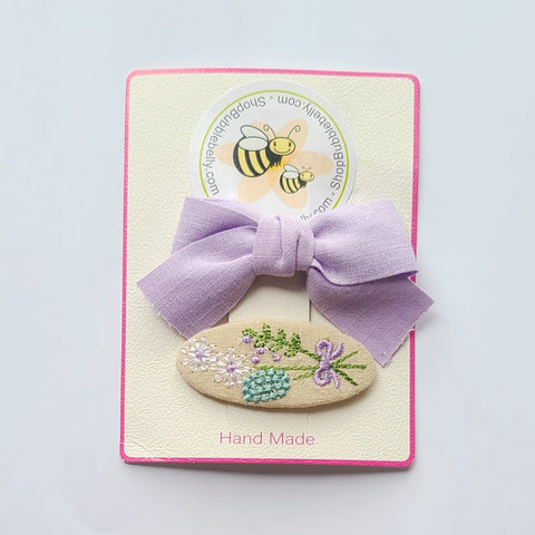 Handmade Linen Bow & Embroidered Floral Snap Clip 2PC Hair Clip Set, Lavender