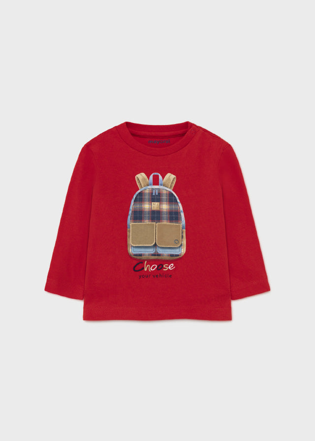 Mayoral Boys Red Long Sleeve Interactive Shirt, Round Neckline, Snaps on the Neck, Backpack Stitched Design, Front