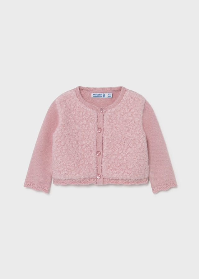 Mayoral Girls Tricot Knitted Cardigan, Pink, Long Sleeve, Front Central Button Fastening, Wool Style