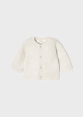 Mayoral Unisex Knitted Cream Wool Long Sleeved Round Neckline Cardigan, Front Central Button