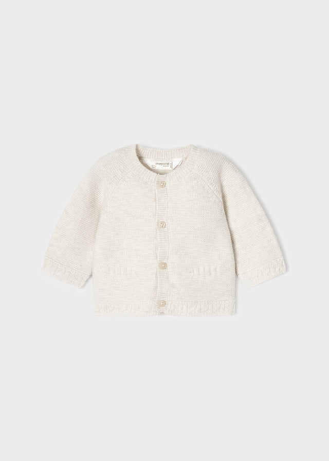Mayoral Unisex Knitted Cream Wool Long Sleeved Round Neckline Cardigan, Front Central Button