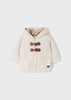 Mayoral Boys Cream Woven Knitted Long Sleeved Hooded Sweater, Front Functional Pockets, Front Central Zipper and Toggle Fastenings
