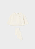 Mayoral Girls Baby Girls Natural Long Sleeved Cardigan, Matching Knitted Tights, Front