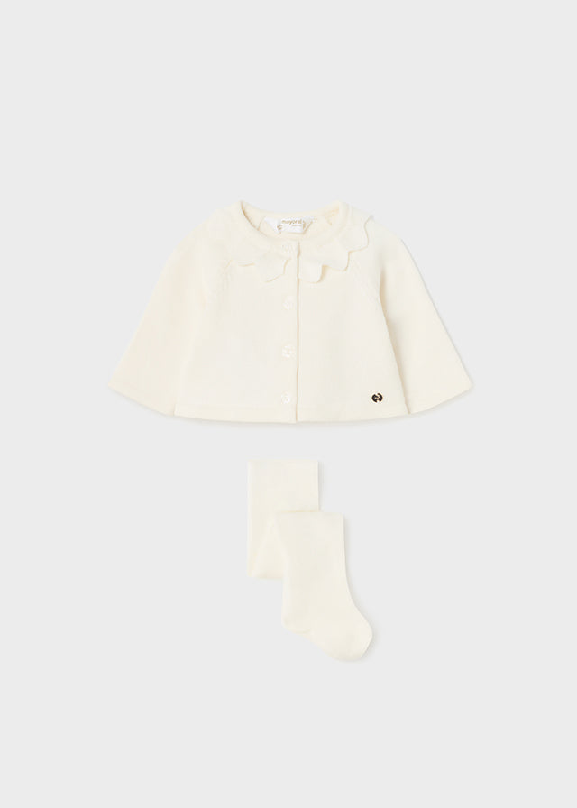 Mayoral Girls Baby Girls Natural Long Sleeved Cardigan, Matching Knitted Tights, Front