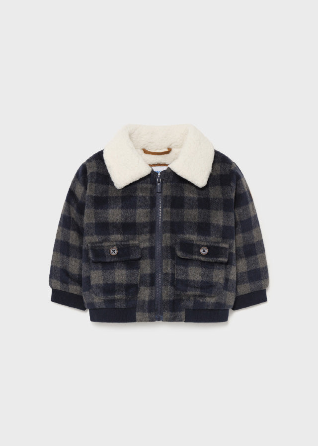 Mayoral Baby Boys Blue Plaid Jacket, Wool Sweater with Shearling Lining, Front Central Zipper
