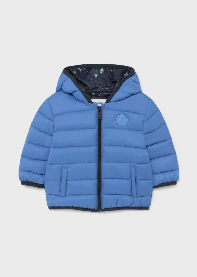 Boys Mayoral Indigo Space Theme Puffer Jacket, Long Sleeves, Hoodie, Two Front Functional Pockets, Front Central Zip Fastening, Front