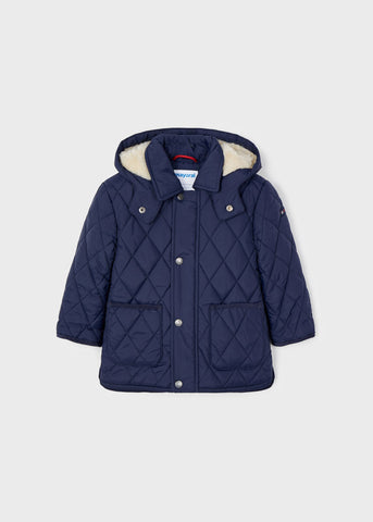 2417 Mayoral Boys Removable Hooded Padded Coat, Fur Lined, Navy Blue