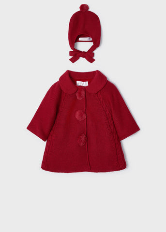 2497 Mayoral Girls Tricot Coat and Hat, Red, 2 PC Set