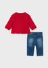 Girls Mayoral Red Long Sleeve Sweater, Denim Styled Adjustable Pants, Back