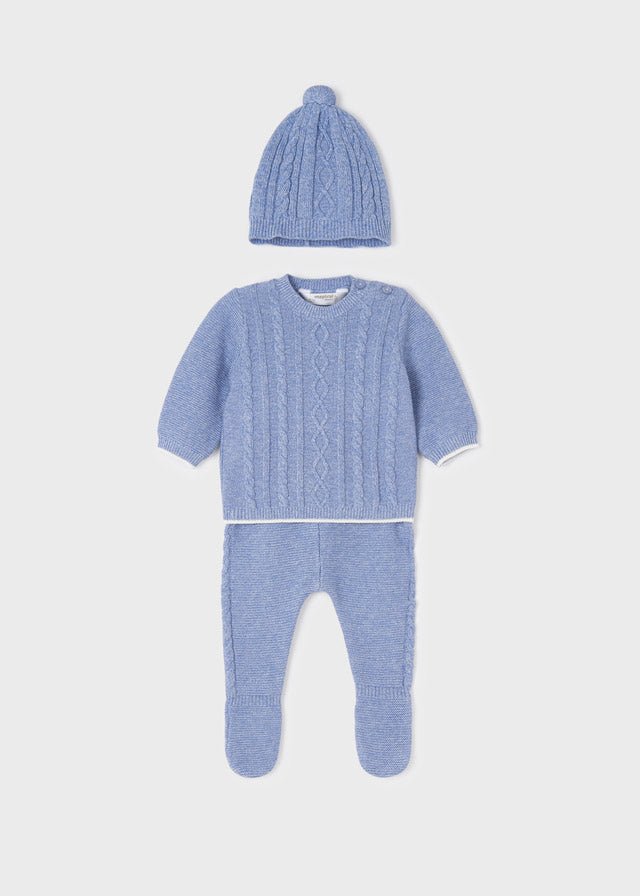 Mayoral Boys Knitted 3 PC Set, Top Pom Pom Beanie, Warmer Footies, Knitted Blue Sweater, Front