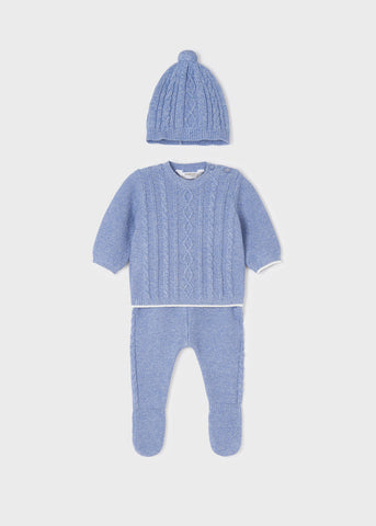 2509 Mayoral Boys Knitted Footie Sweater and Hat Set, Light Blue, Eco-Friendly