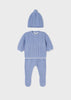 Mayoral Boys Knitted 3 PC Set, Top Pom Pom Beanie, Warmer Footies, Knitted Blue Sweater, Front