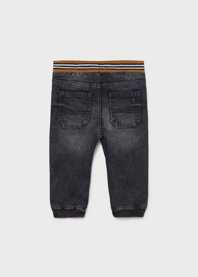 Boys Mayoral Black Soft Denim Joggers, Adjustable Waistband, Two Back Pockets