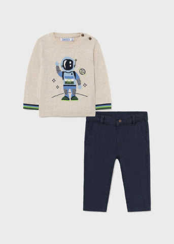 2538 Mayoral Boys Knit Sweater w/ Matching Pants, Blue Astronaut, 2PC