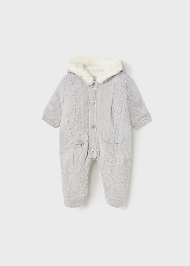 Mayoral heirloom hooded bunting footie, plush lined, grey cable knit, front view