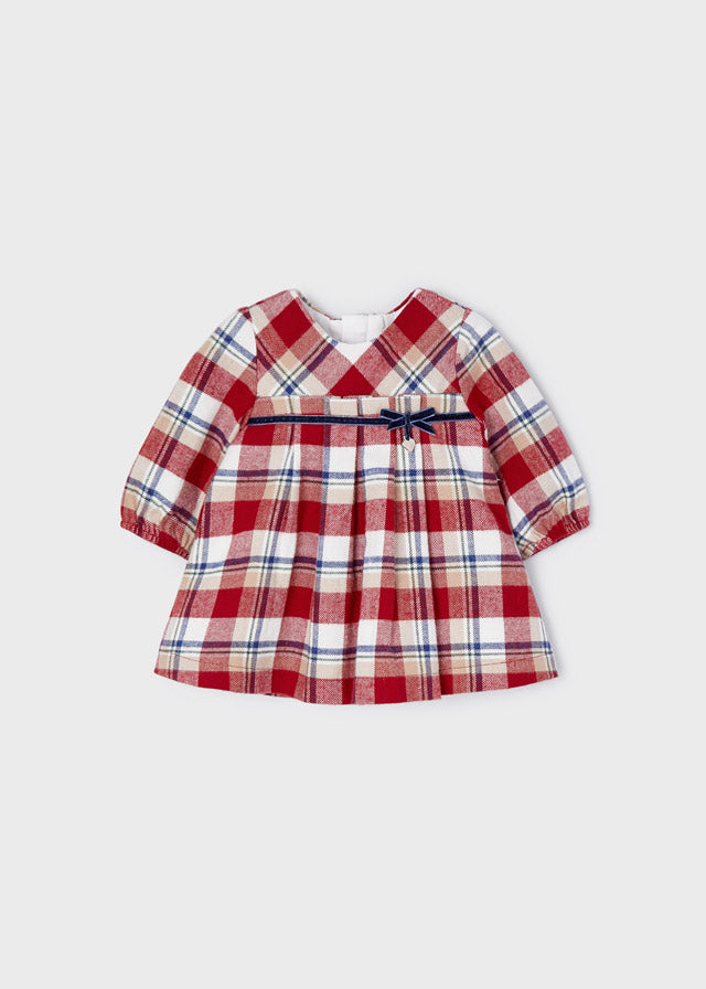 Girls Mayoral Red Plaid Dress, Round neckline, Front Decorative Velvet Bow, Long Sleeve