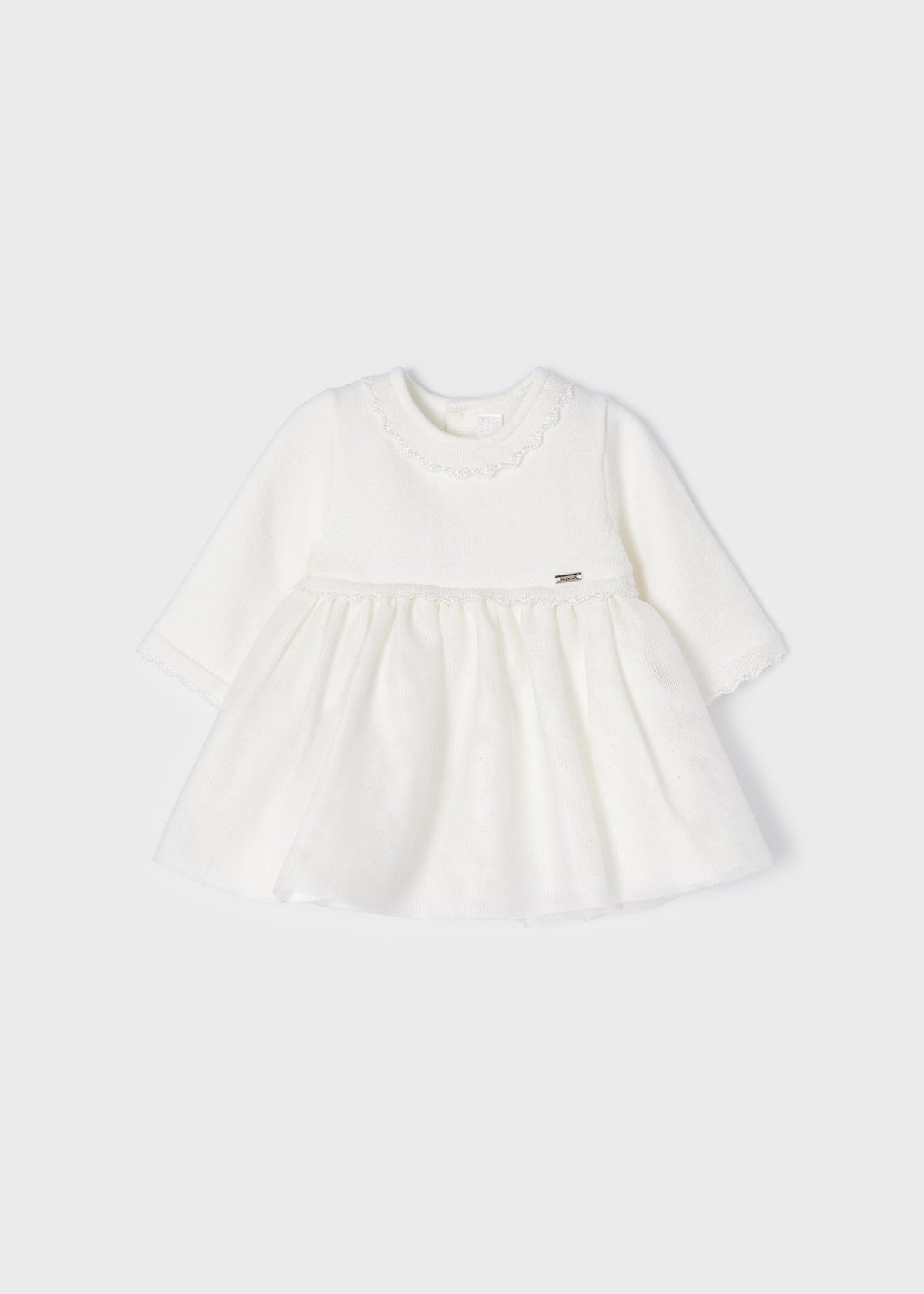 Mayoral long sleeve combined knit & sparkle tulle formal dress, soft white, view 2