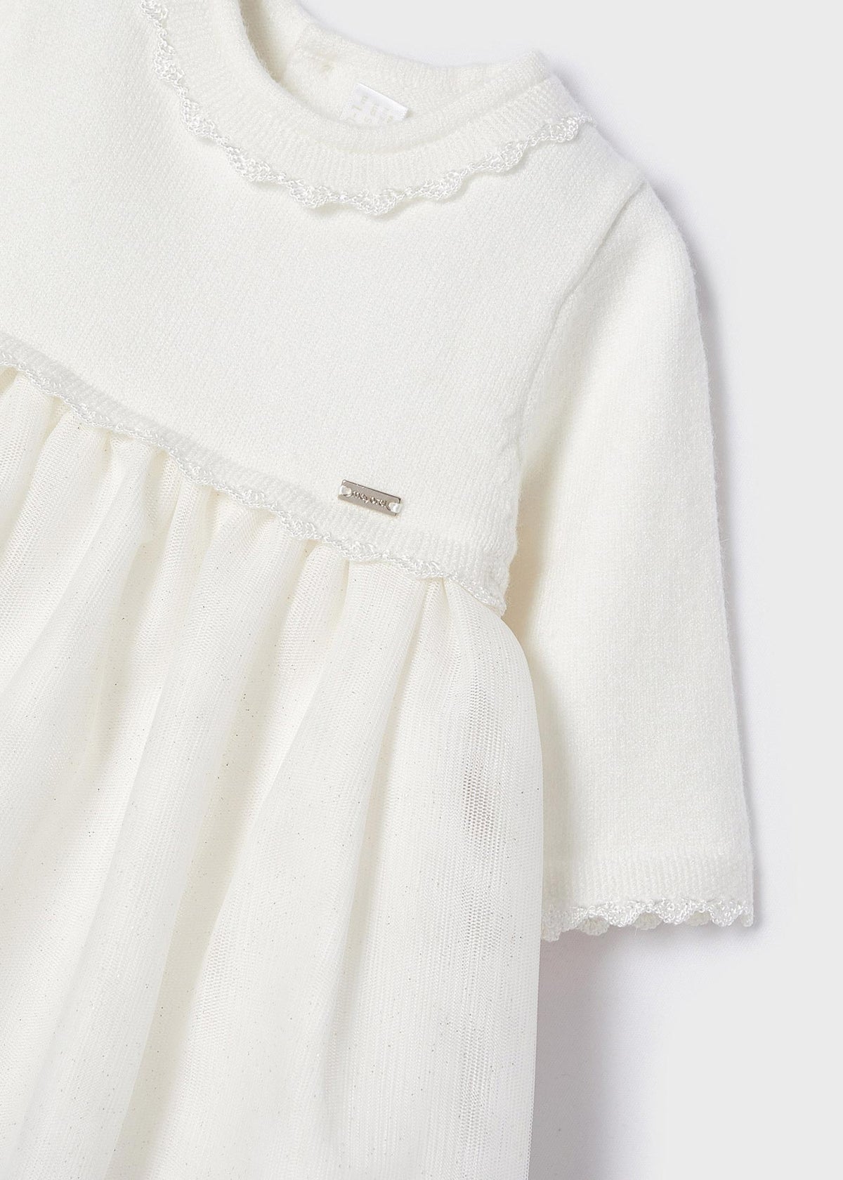 Mayoral long sleeve combined knit & sparkle tulle formal dress, soft white, view 4