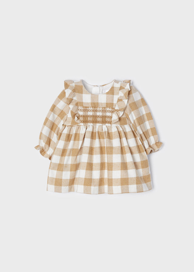 2824 Mayoral Girls Flannel Smocked Dress, Caramel Plaid, Eco