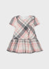 Mayoral Girls Short Sleeve Pink Plaided Dress, Ruffled Skirt, Ruffles Along the Side, Front