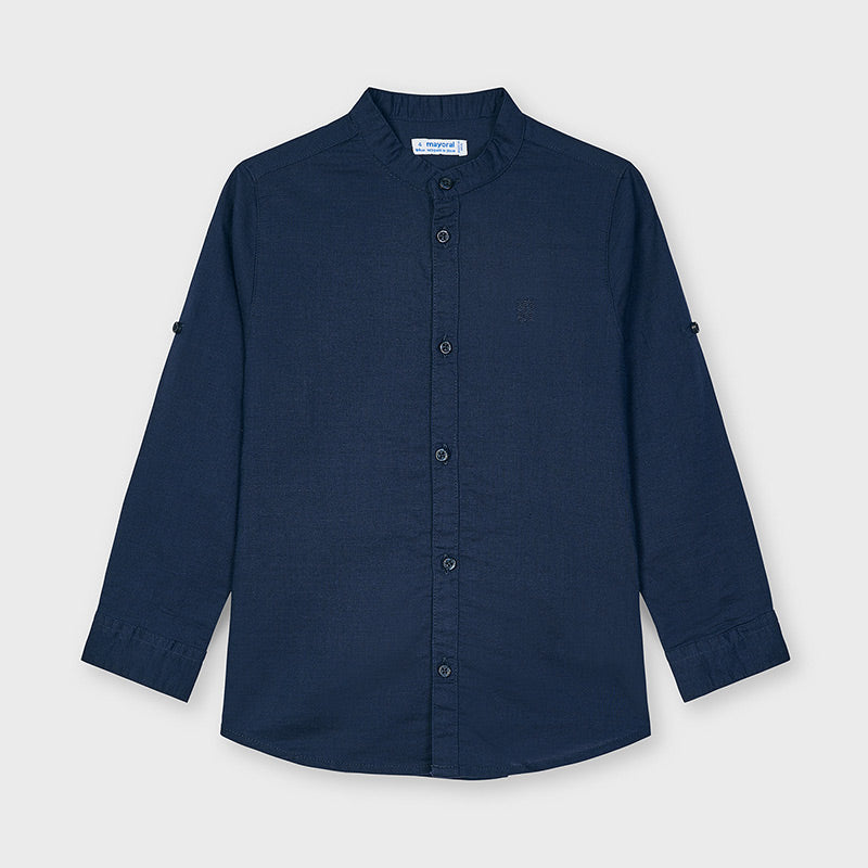 3125 Mayoral Boys Linen Navy Hidden Collared Shirt with Buttons down the Front