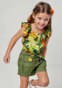Mayoral Girls Tropical Jungle Printed Green Blouse, Ruffled Short Sleeve, Button Down Tie Front 