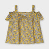 3195 Mayoral Girls Mustard Printed Blouse, Peek-A-Boo Shoulder Blouse, Leaves Printed
