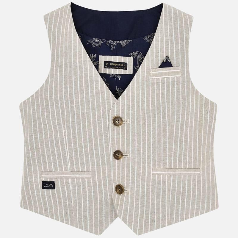 Mayoral boys tan striped formal wear dress vest, linen, navy back, style 3438