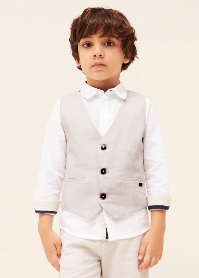 3349 Mayoral Mini Boys 3 Button Linen Vest, Tan