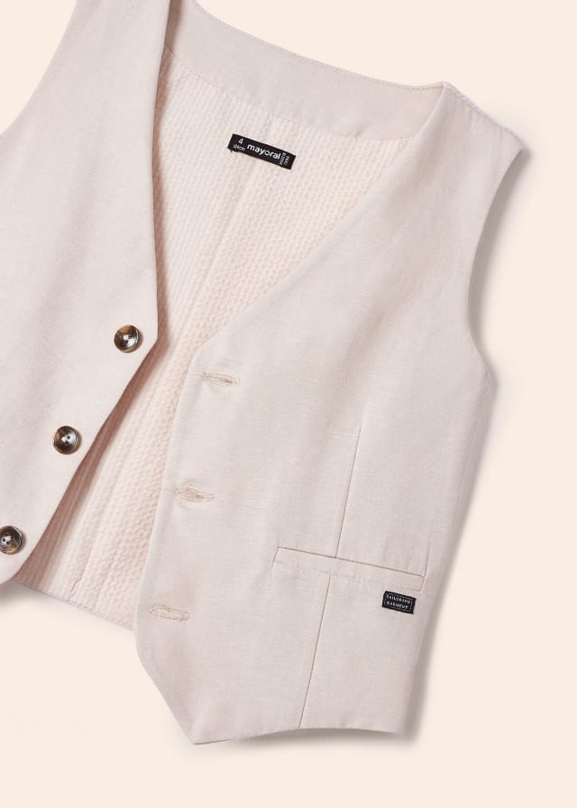 3349 Mayoral Mini Boys 3 Button Linen Vest, Tan