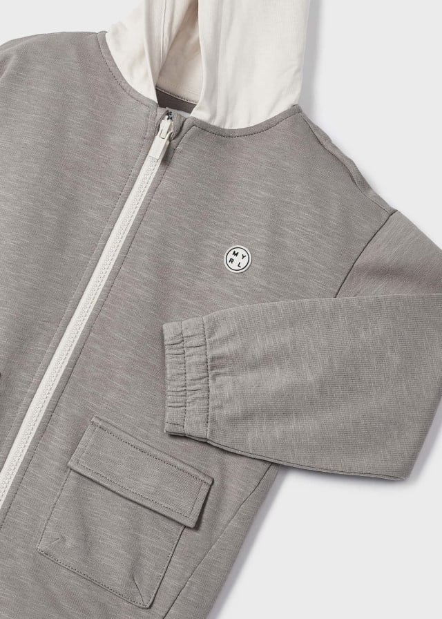 Mayoral boys relaxed zippered hoodie jacket, fossil lt grey, detail